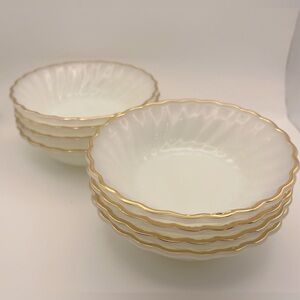 VTG Anchor Hocking 4 7/8” White Swirled Berry Bowls with Gold-Toned Rim Set of 4